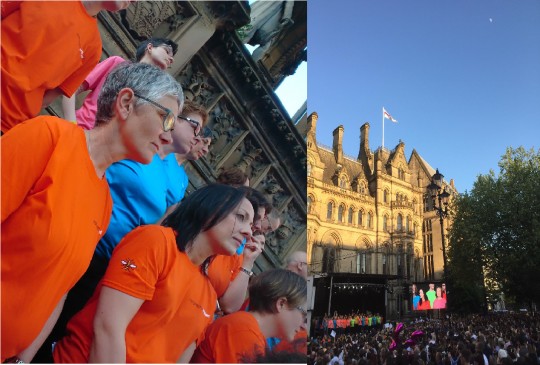 MLGC standing on the steps of the Albert Memorial (left) and the Town Hall and crowd (right)